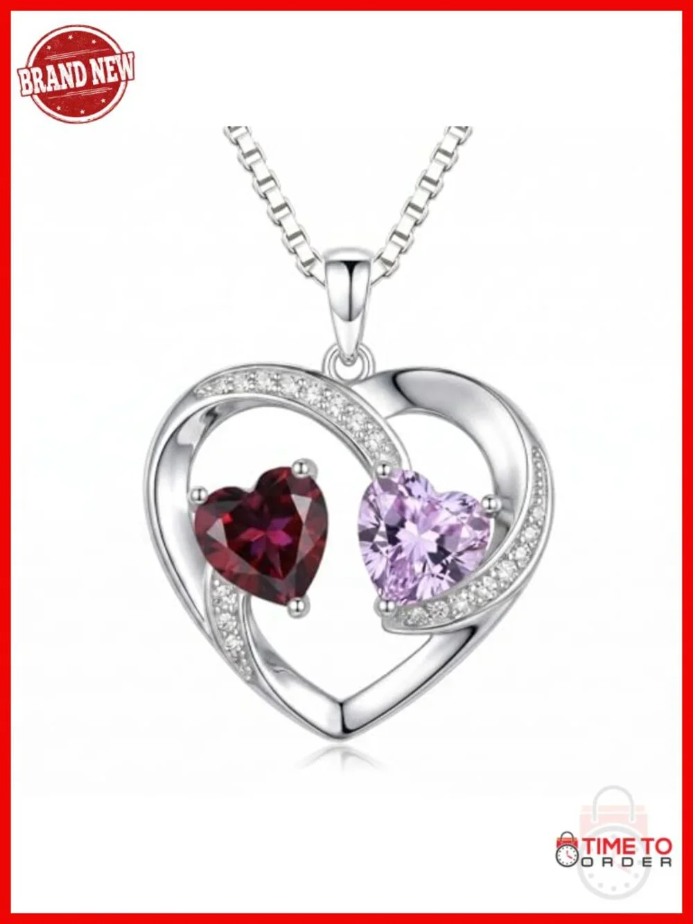 Double Heart Pendant Birthstone Necklace 18k White Gold Plated Adjustable Chain